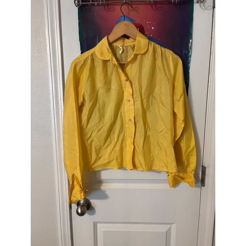 Vintage Yellow Button Down Blouse Peter Pan Collar Sheer Textured 60s loop